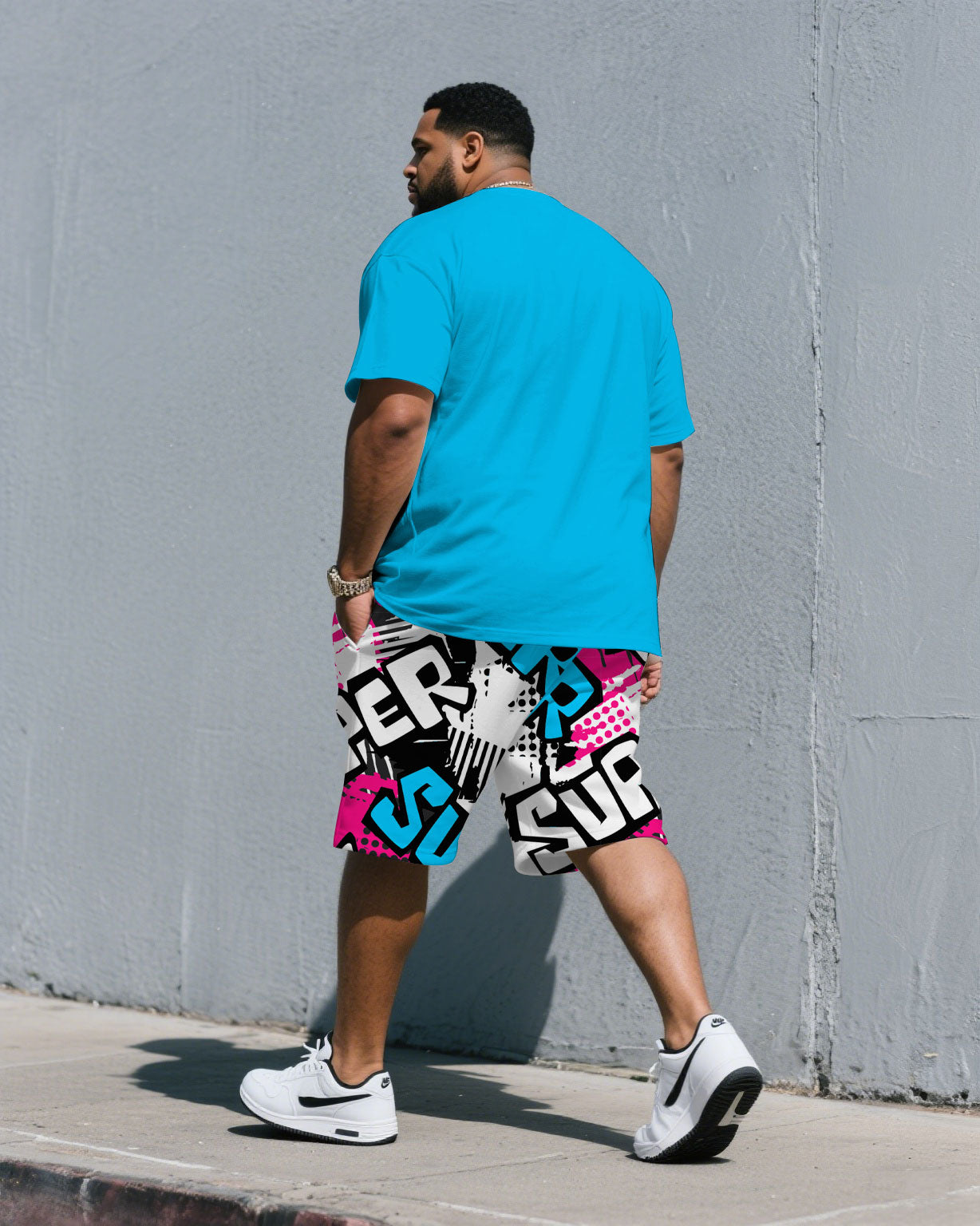 Big & Tall Blue Solid Color T-Shirt Pants Set for big men view 4
