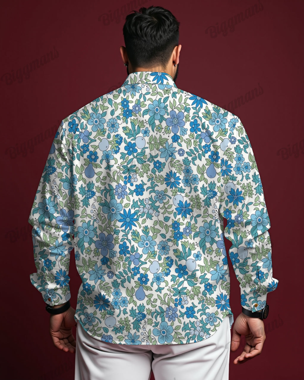 Big & Tall Blue Floral Long Sleeve Shirt for big men view 2