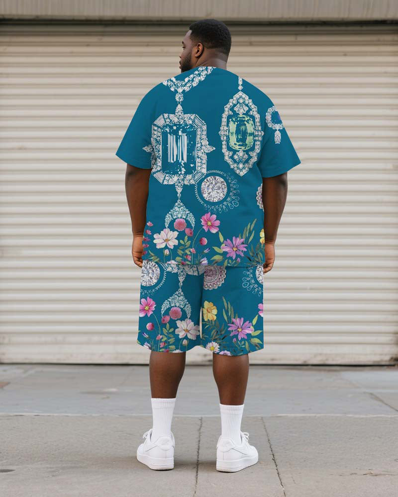 Big & Tall Blue Graphic Floral T-Shirt Shorts Set for big men view 4