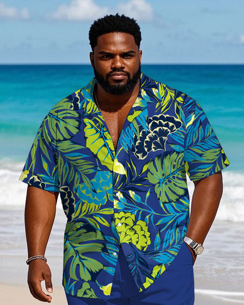 Big & Tall Blue Hawaiian T-Shirt Shorts Set for big men view 2