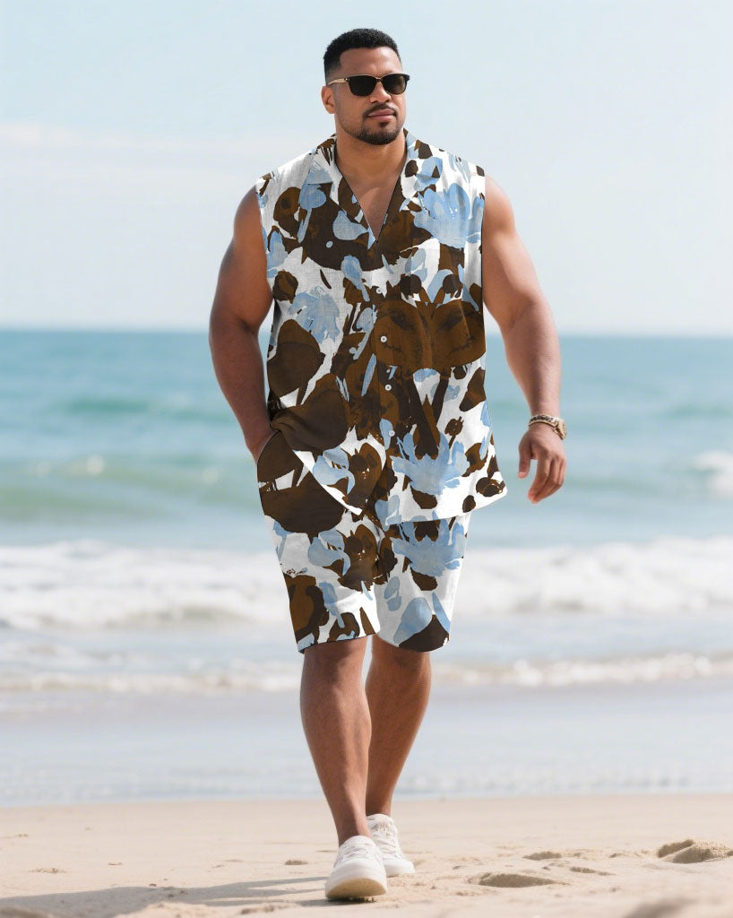 Big & Tall White Brown Hawaiian Shirt Shorts Set for big men view 1