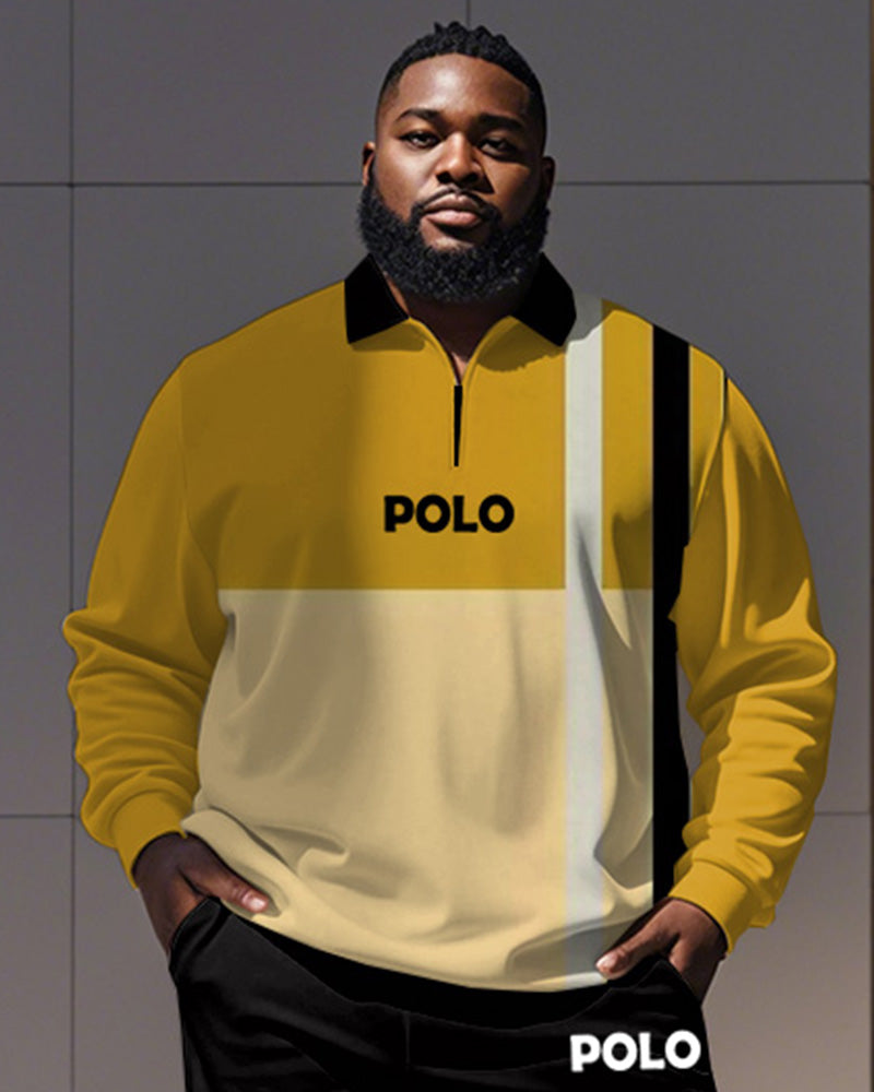 Big & Tall Yellow Striped Graphic Polo Pants Set for big men view 2