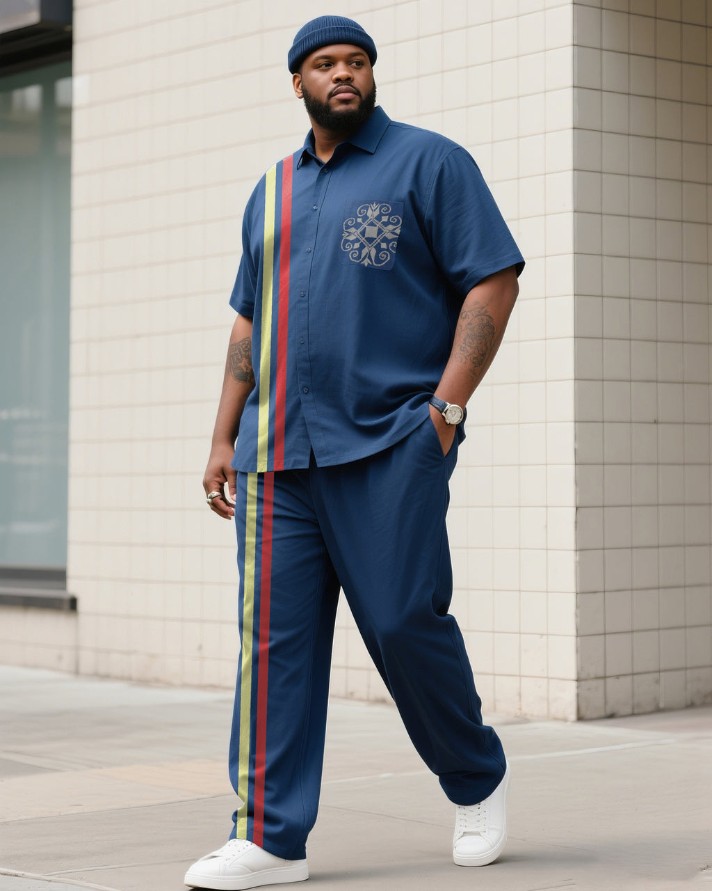 Big & Tall Blue Striped T-Shirt Pants Set for big men view 1