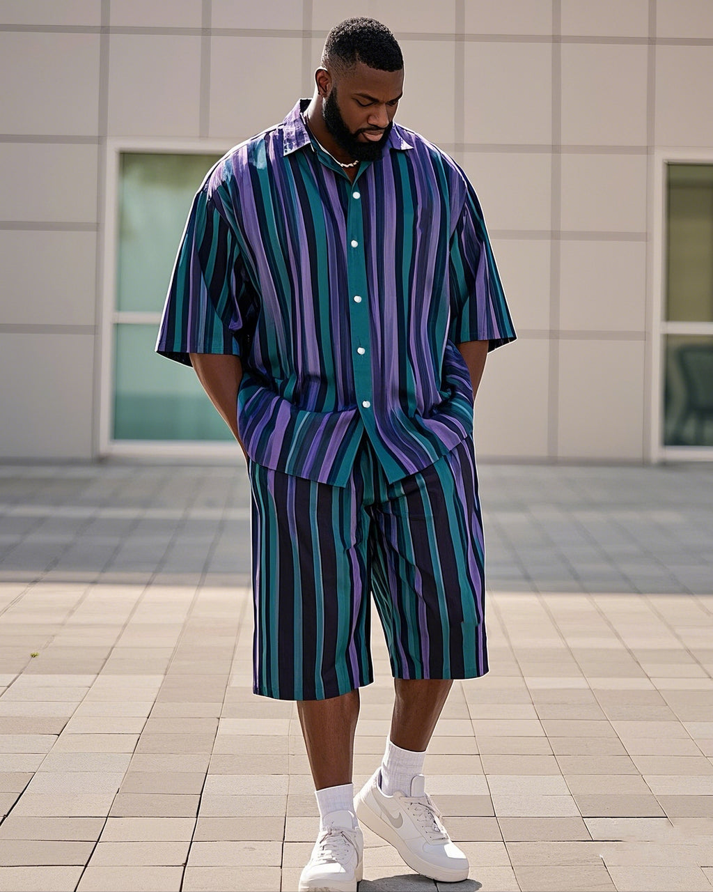 Big & Tall Purple Green Colorblock T-Shirt Shorts Set for big men view 1