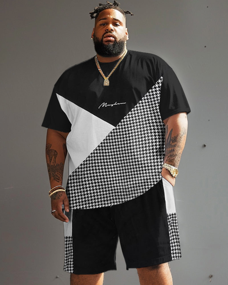 Big & Tall Black White Graphic T-Shirt Shorts Set for big men view 1