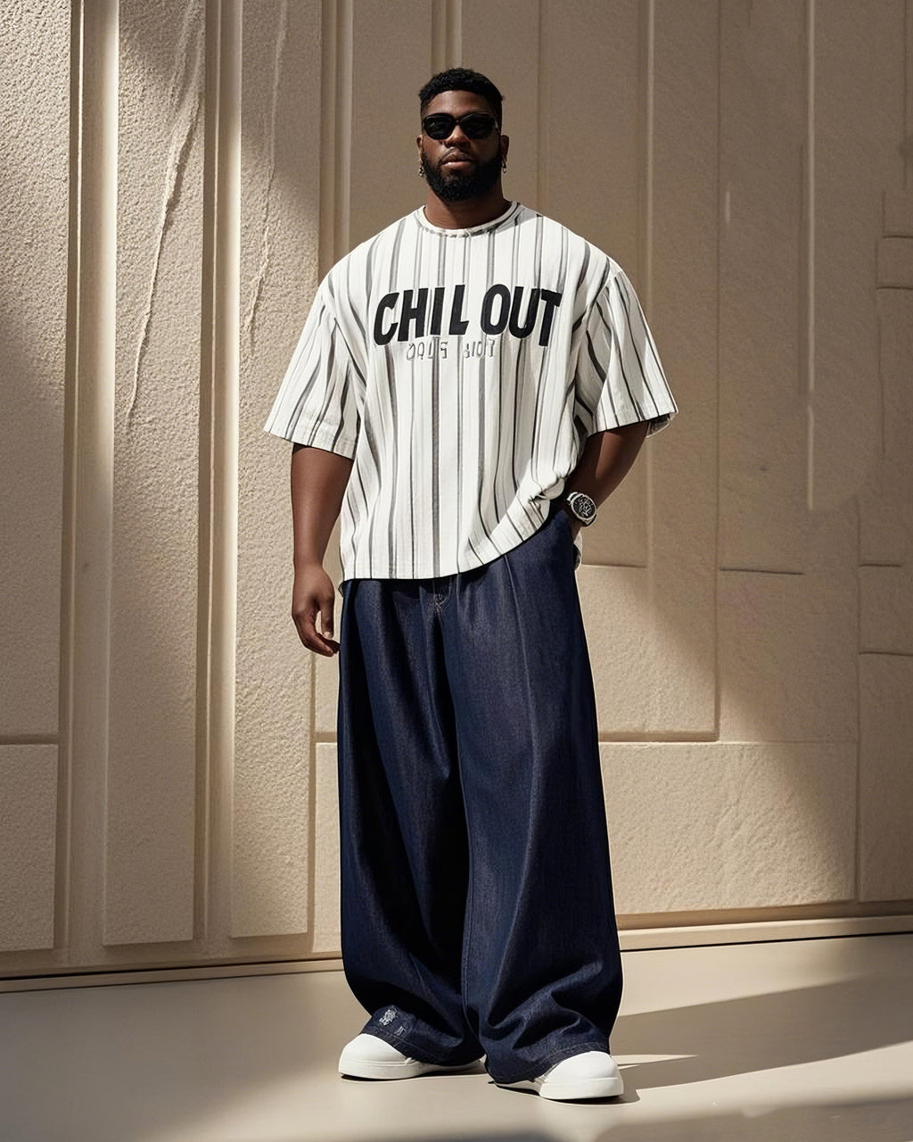 Big & Tall Black Striped Graphic T-Shirt Pants Set for big men view 1