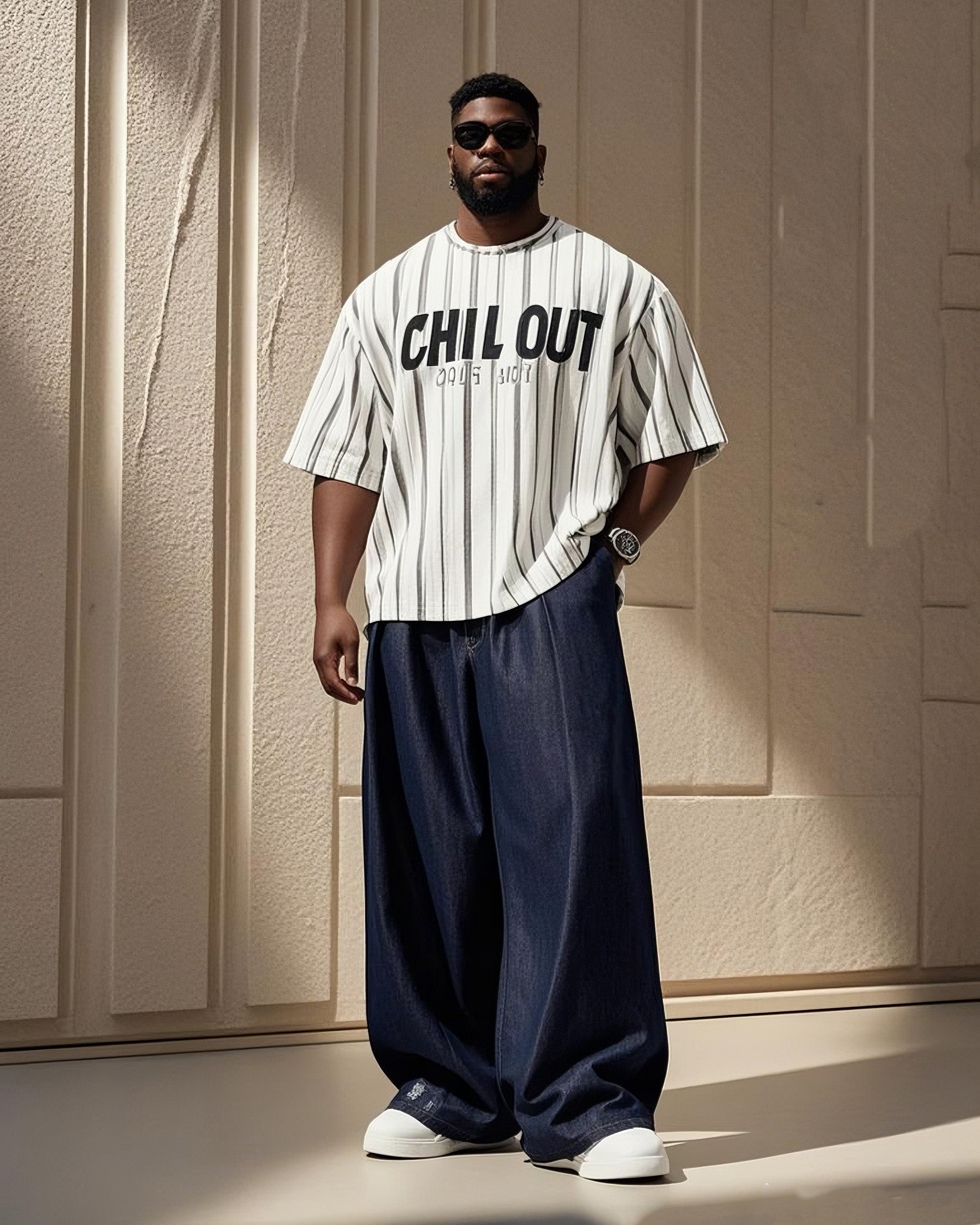 Big & Tall Black Striped Graphic T-Shirt Pants Set for big men view 1