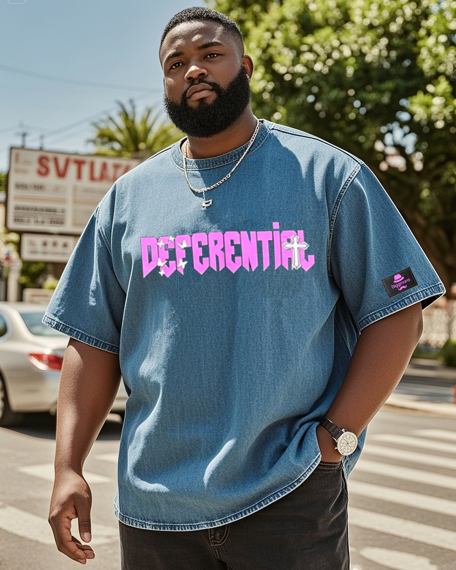 Big & Tall Denim Washed Streetwear T-Shirt for big men