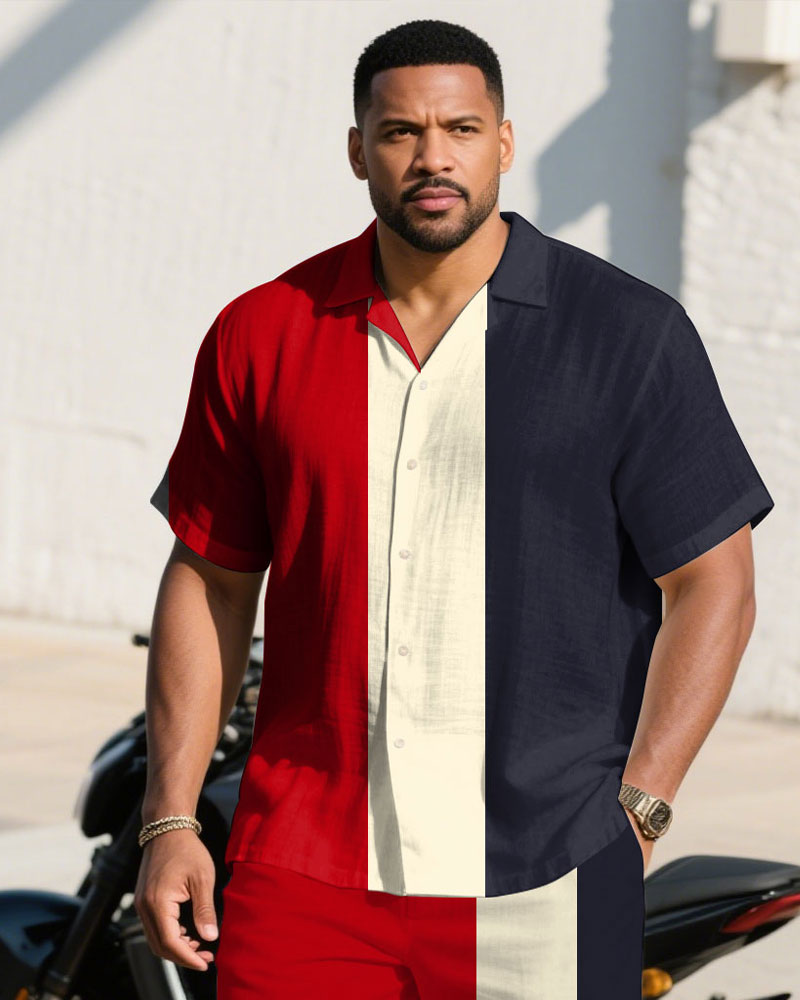 Big & Tall Blue Red Colorblock T-Shirt Shorts Set for big men view 2