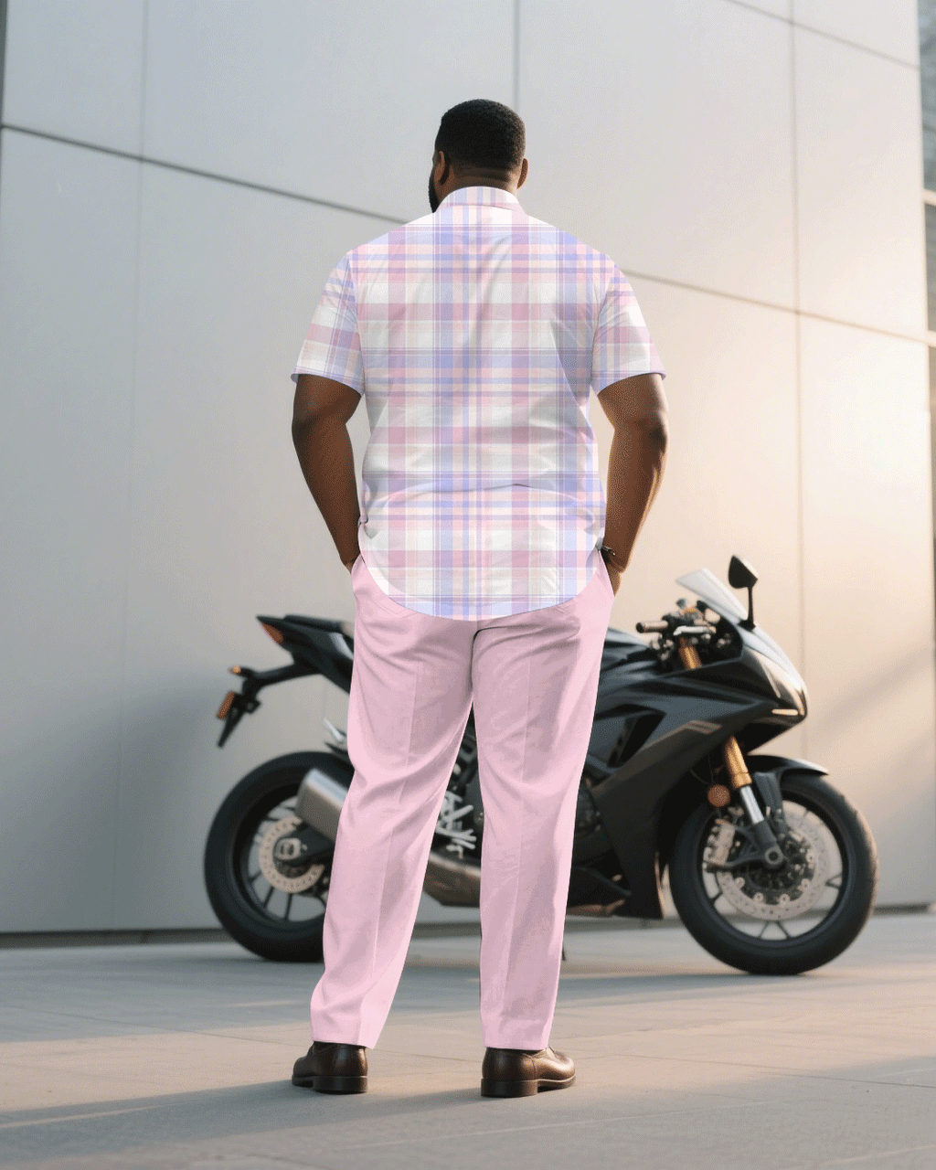 Big & Tall Pink Plaid T-Shirt Pants Set for big men view 4
