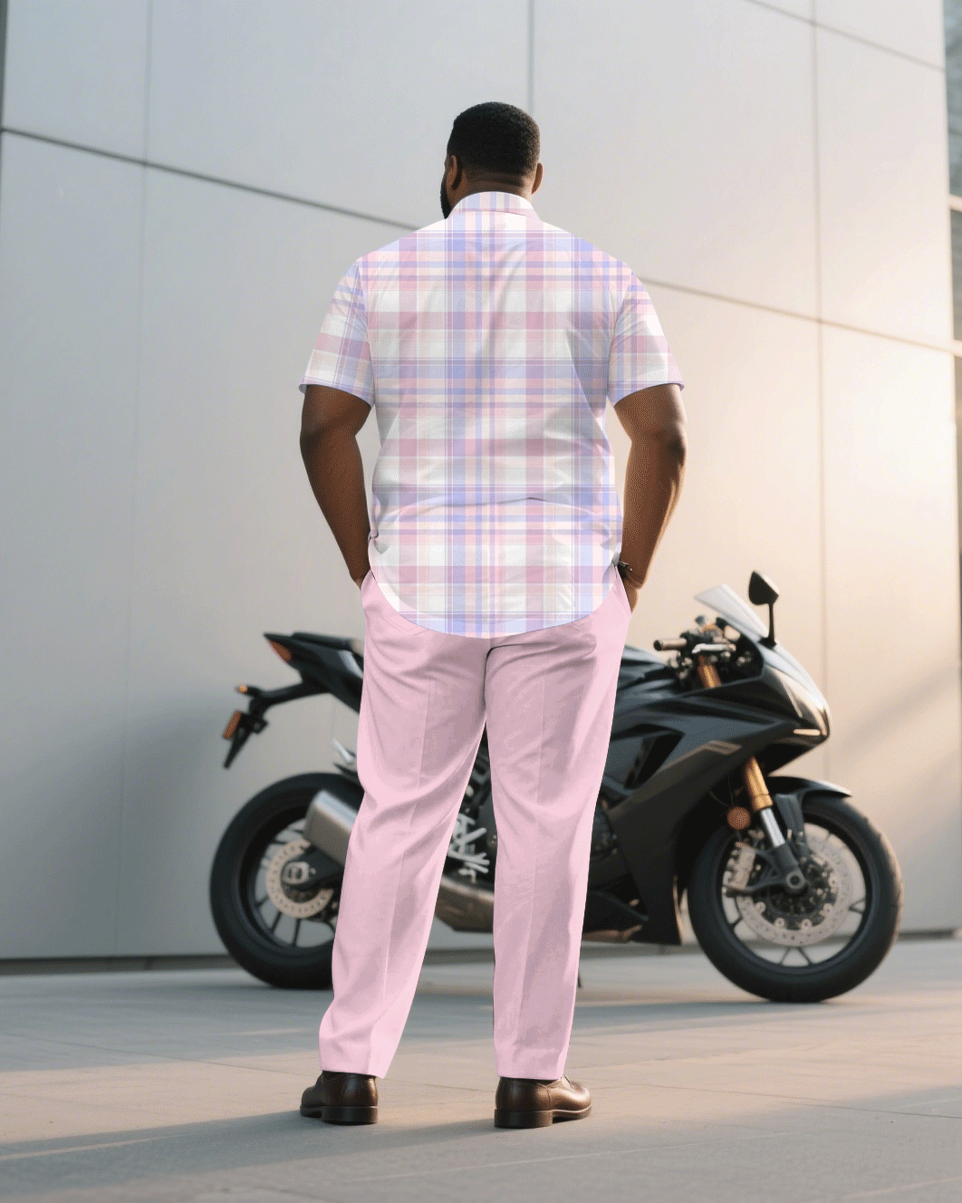 Big & Tall Pink Plaid T-Shirt Pants Set for big men view 4