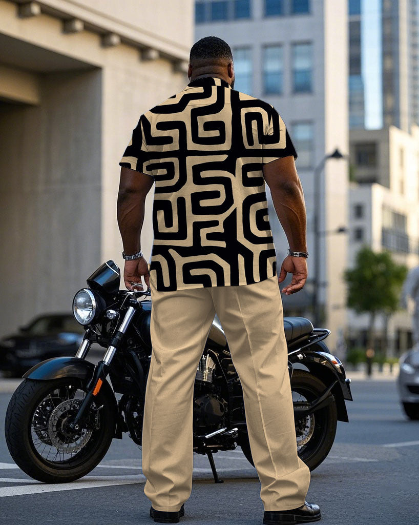 Big & Tall Khaki Geometric T-Shirt Pants Set for big men view 4