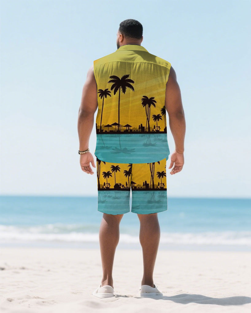 Big & Tall Blue Yellow Hawaiian Shirt Shorts Set for big men view 4