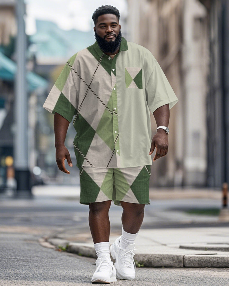 Big & Tall Green Graphic Patchwork T-Shirt Shorts Set for big men view 1