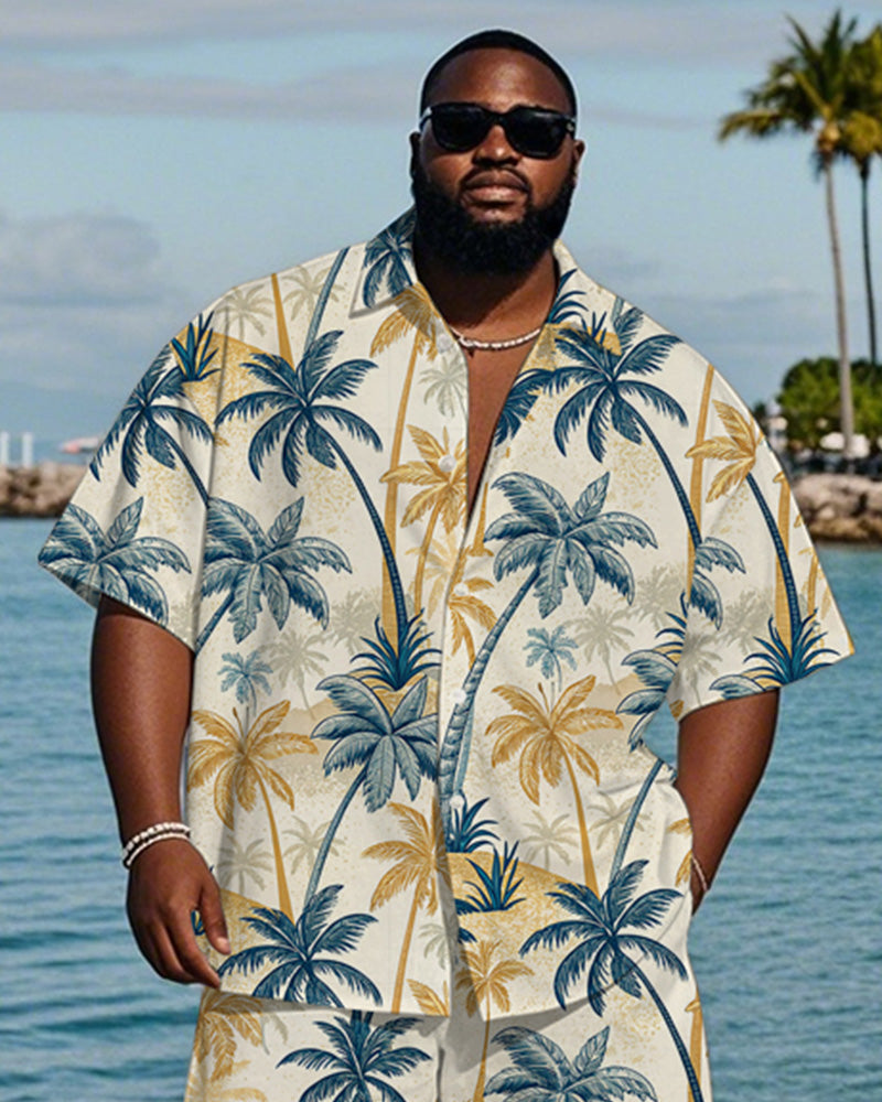 Big & Tall Blue Yellow Hawaiian T-Shirt Shorts Set for big men view 2