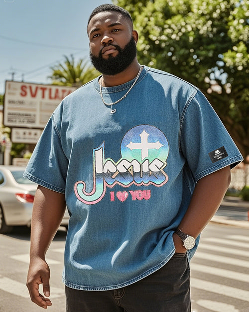 Big & Tall Denim Washed Streetwear T-Shirt for big men