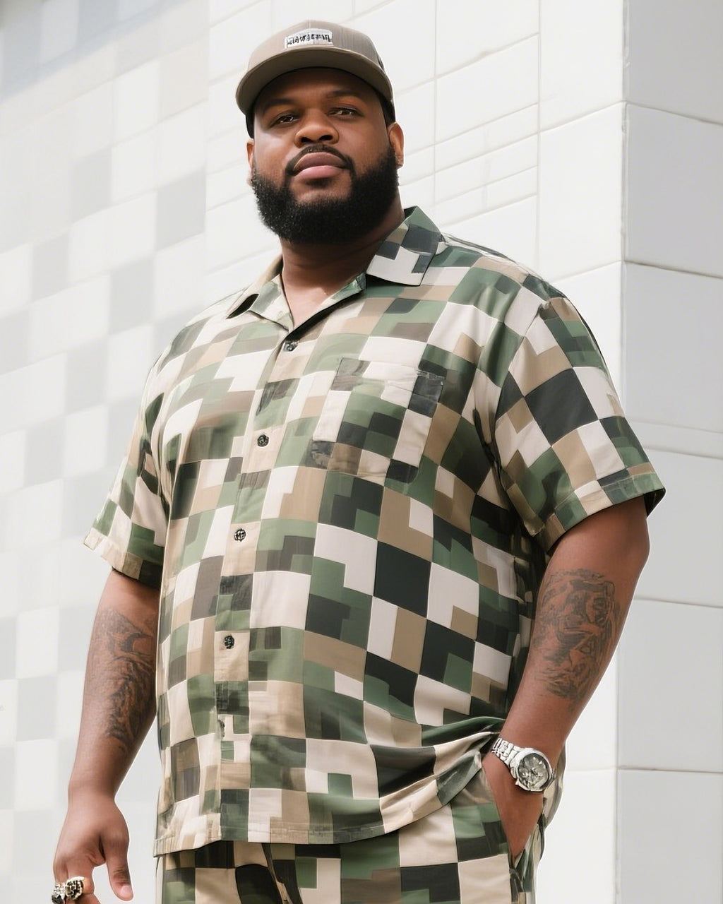 Big & Tall Plaid Camouflage T-Shirt Shorts Set for big men view 1