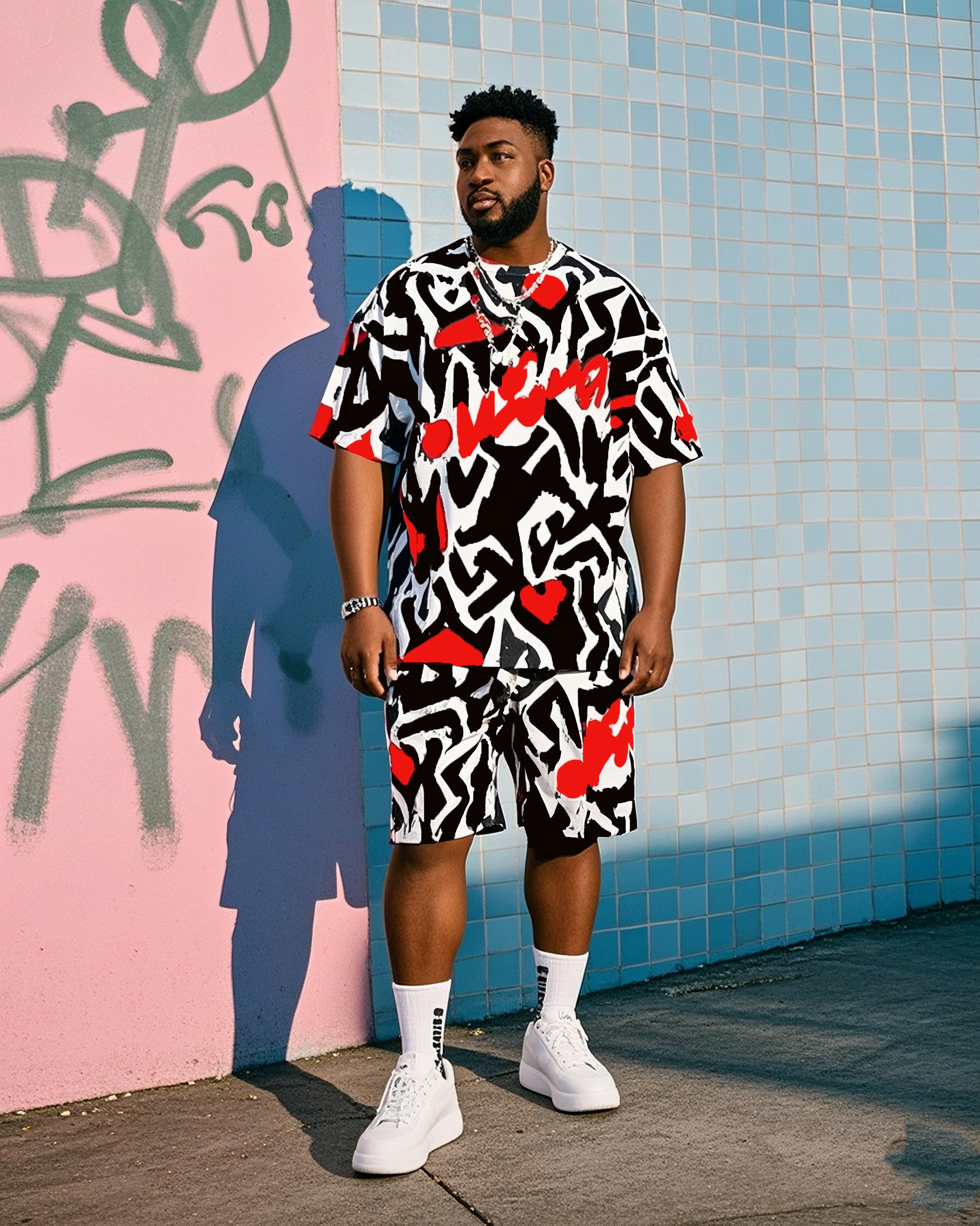 Big & Tall Graphic Graffiti T-Shirt Shorts Set for big men view 1