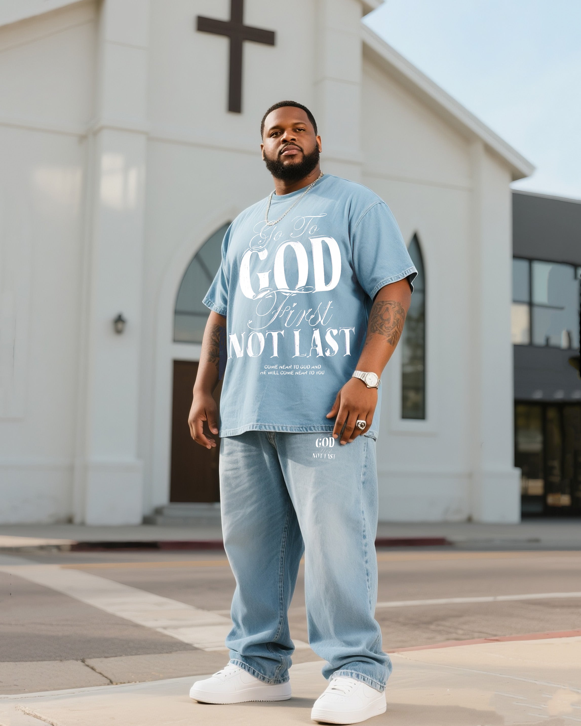 Big & Tall Denim T-Shirt Pants Set for big men view 1