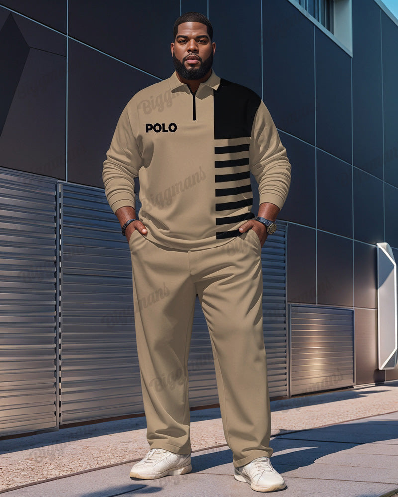 Big & Tall Khaki Striped Graphic Polo Pants Set for big men view 1