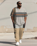 Big & Tall Khaki Colorblock Striped T-Shirt Pants Set for big men view 2