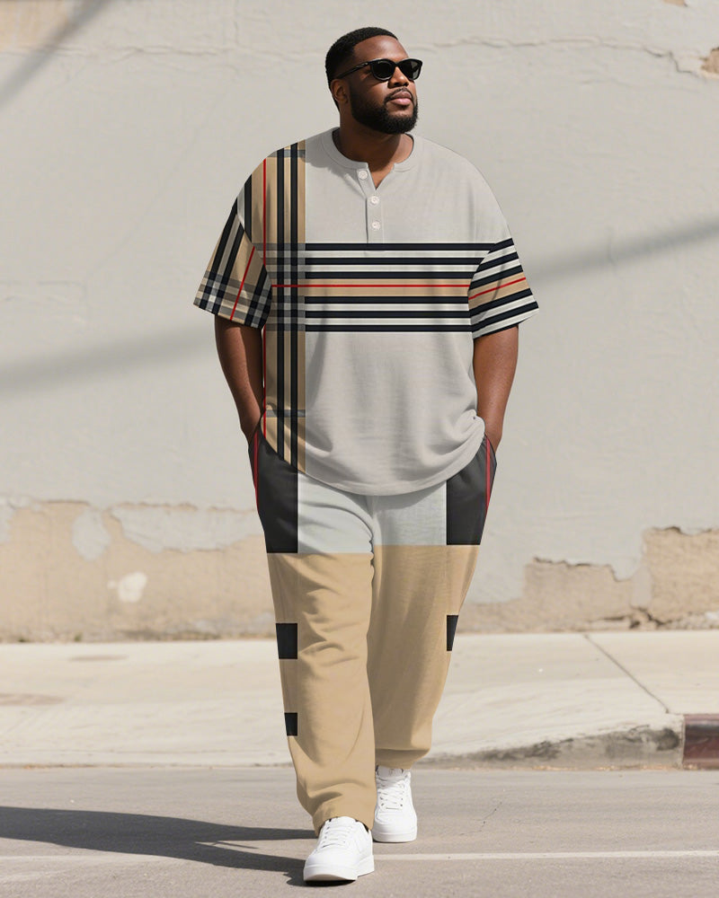 Big & Tall Khaki Colorblock Striped T-Shirt Pants Set for big men view 2