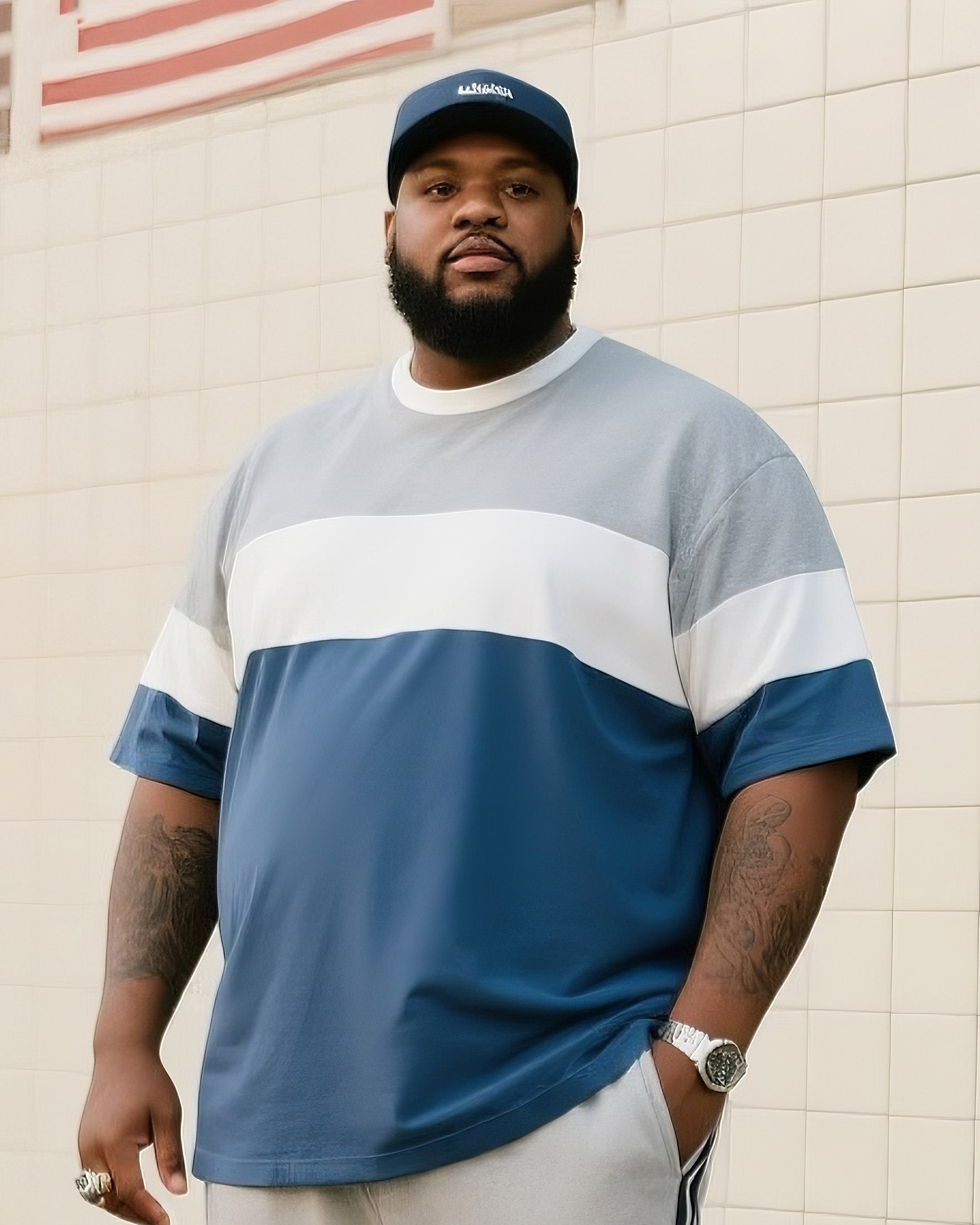 Big & Tall Geometric Striped T-Shirt Pants Set for big men view 2