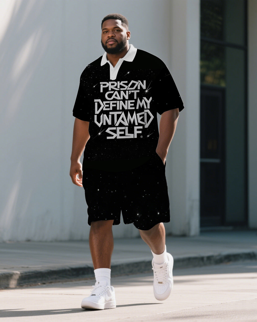Big & Tall White Graphic Graffiti Polo Shorts Set for big men view 1