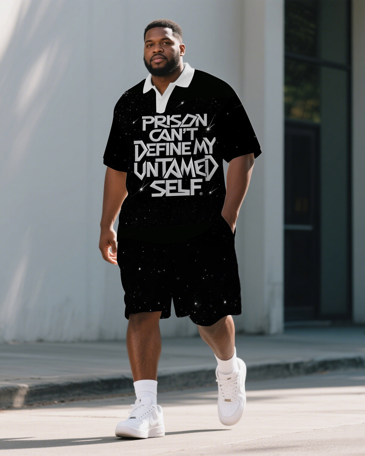 Big & Tall White Graphic Graffiti Polo Shorts Set for big men view 1