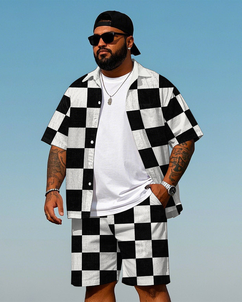 Big & Tall Black White Plaid T-Shirt Shorts Set for big men view 1