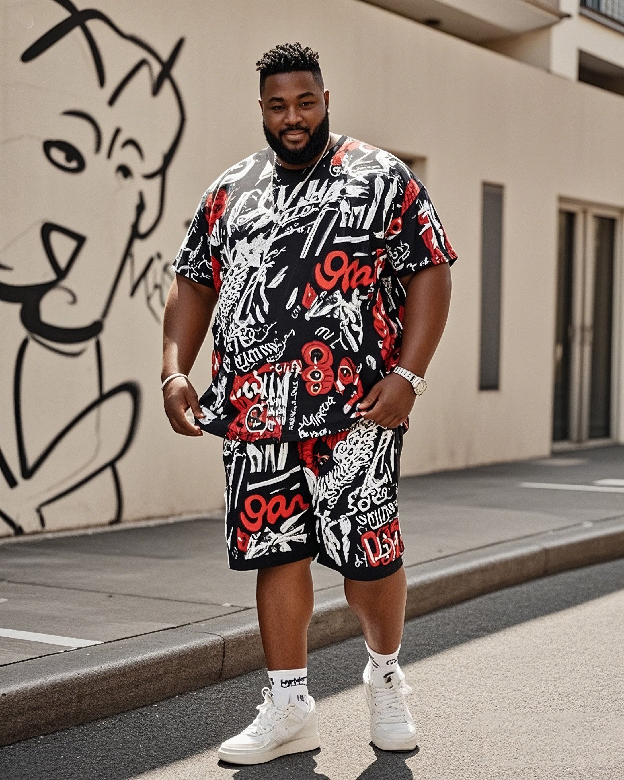Big & Tall Graffiti T-Shirt Shorts Set for big men view 1