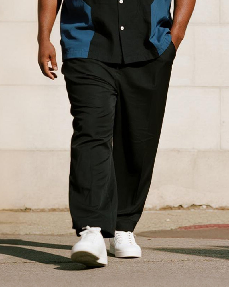 Big & Tall Black Blue Colorblock T-Shirt Pants Set for big men view 3