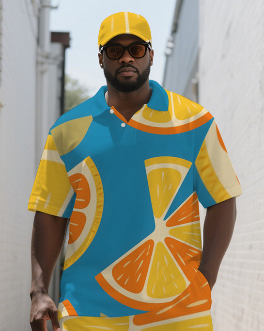 Big & Tall Orange Streetwear Polo Shorts Set for big men view 1
