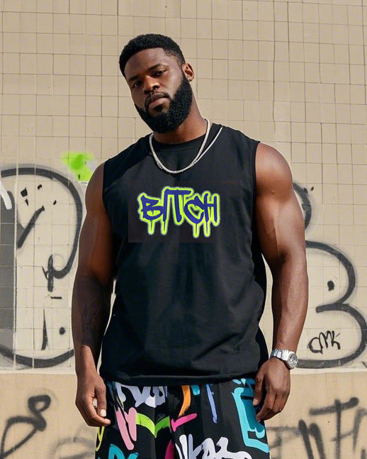 Big & Tall Striped Graffiti Streetwear Vest Pants Set for big men view 2