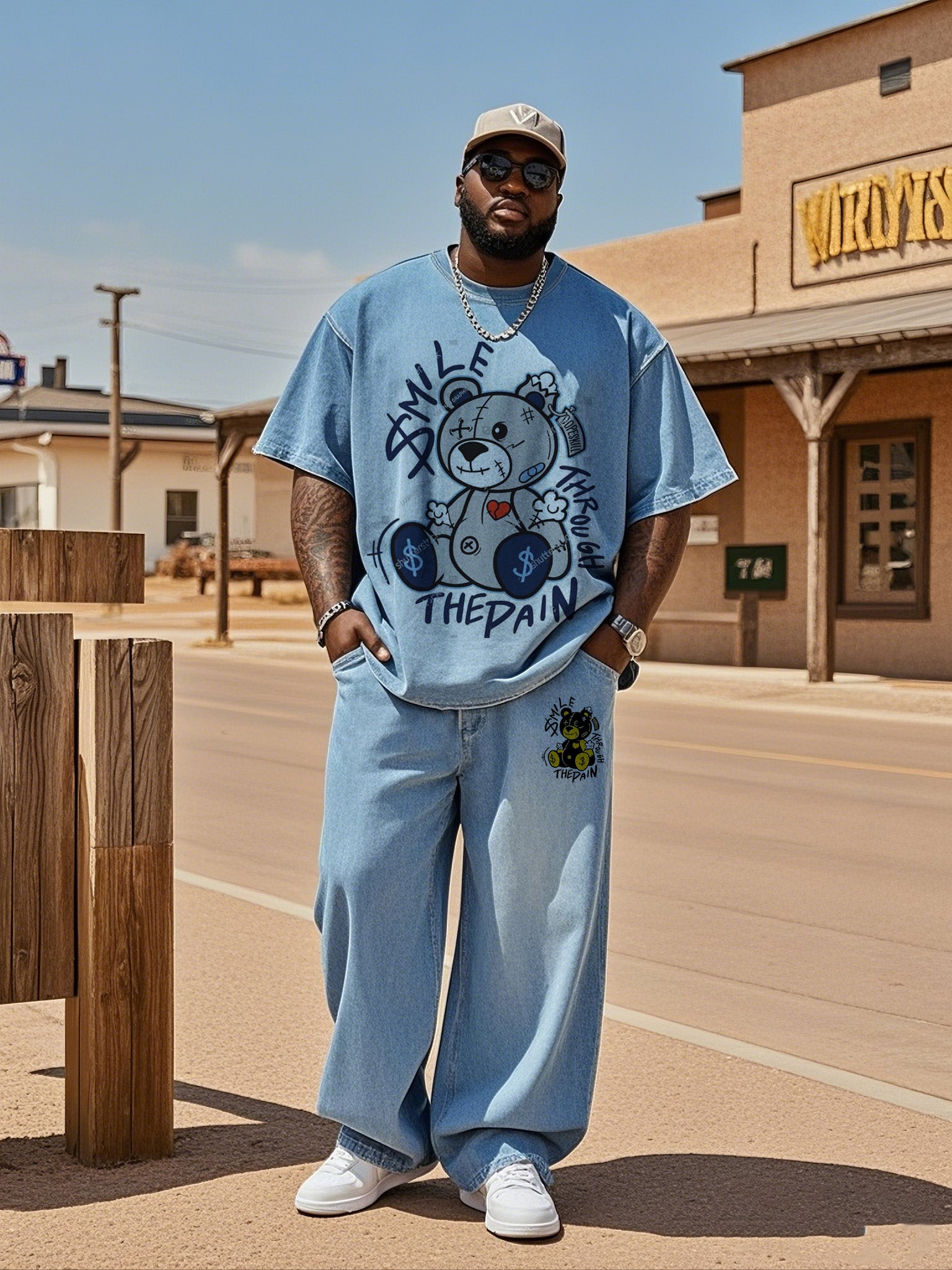Big & Tall Denim Streetwear T-Shirt Pants Set for big men