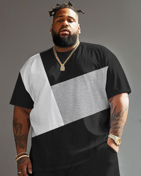 Big & Tall Black White Colorblock T-Shirt Shorts Set for big men view 3