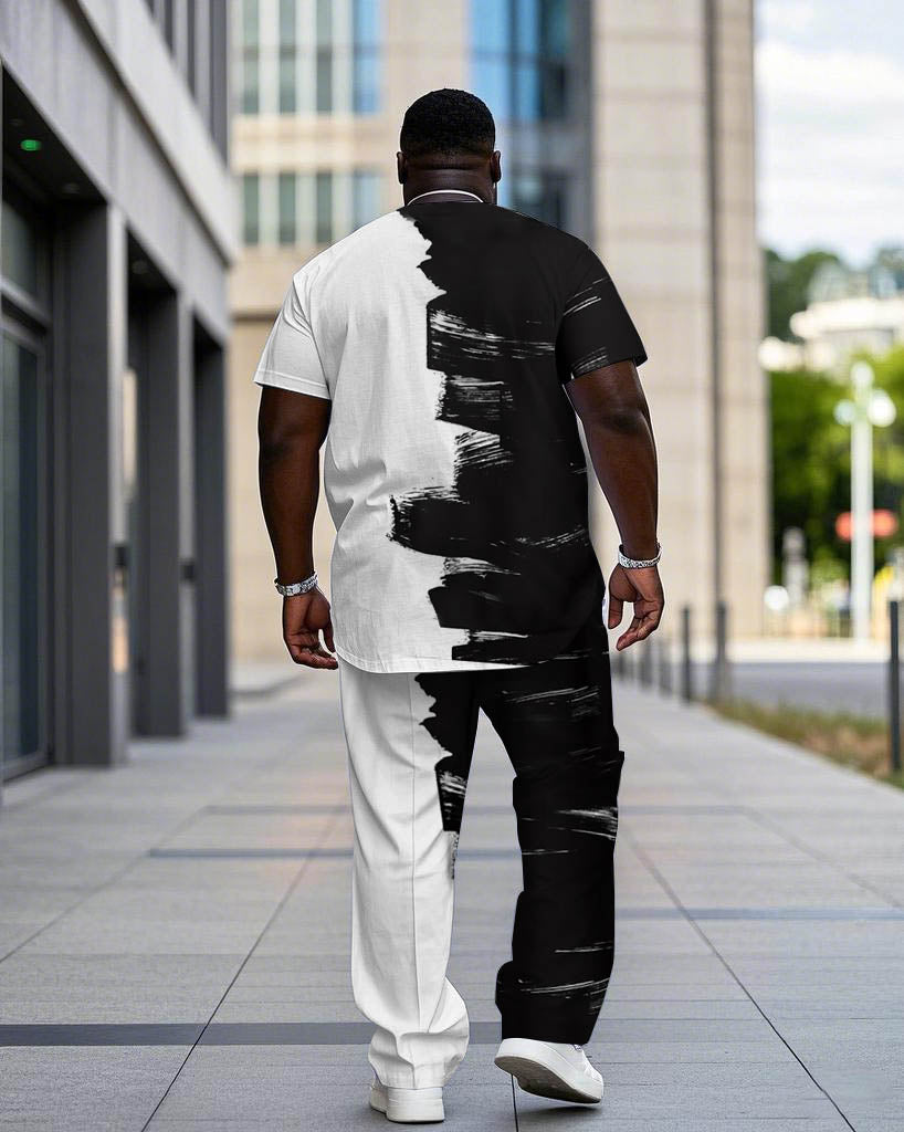 Big & Tall Black White Graphic T-Shirt Pants Set for big men view 4