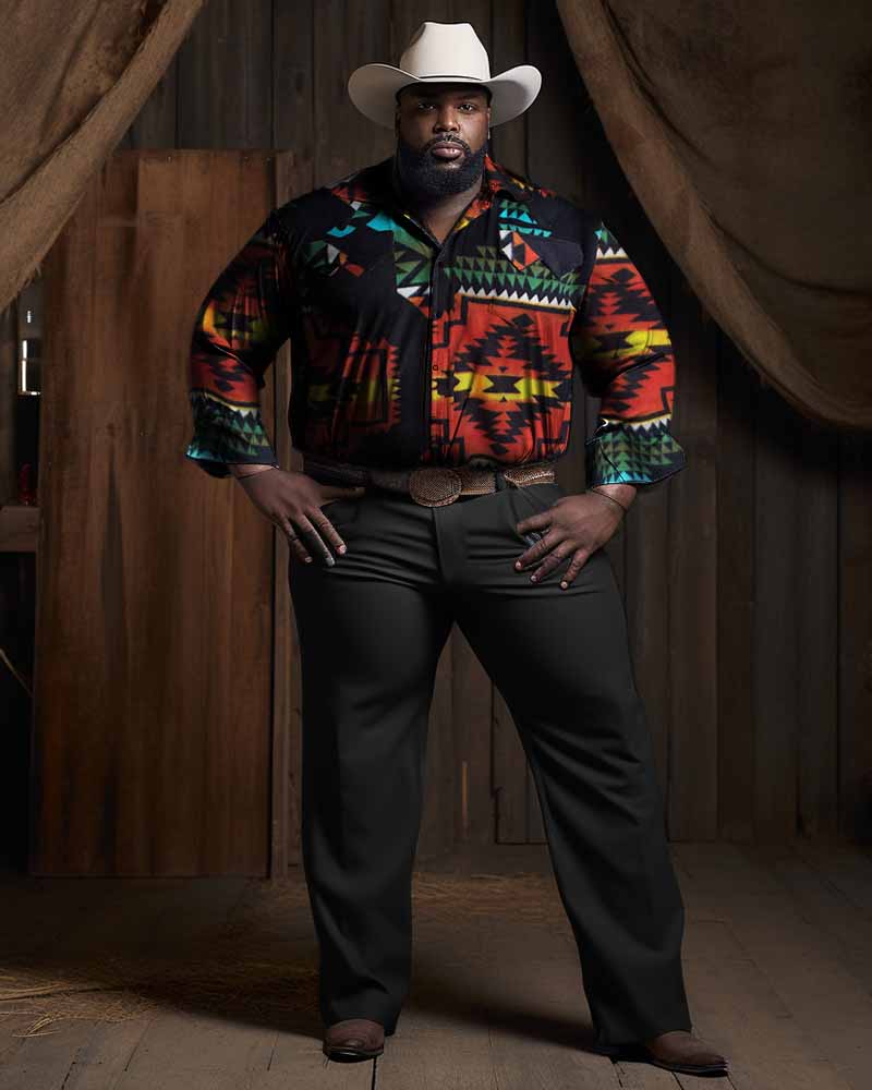 Big & Tall Black Western Graphic T-Shirt Pants Set for big men view 1