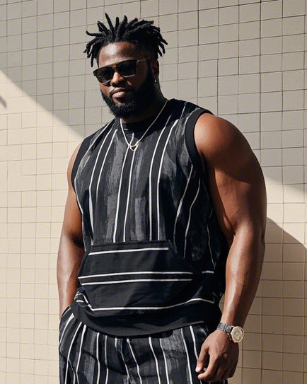 Big & Tall Striped Patchwork Vest Pants Set for big men view 3