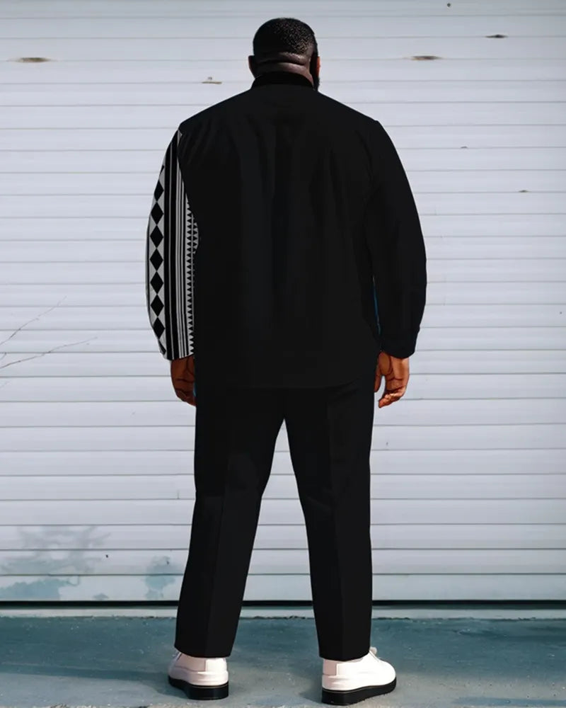 Big & Tall Black Geometric Graphic T-Shirt Pants Set for big men view 4