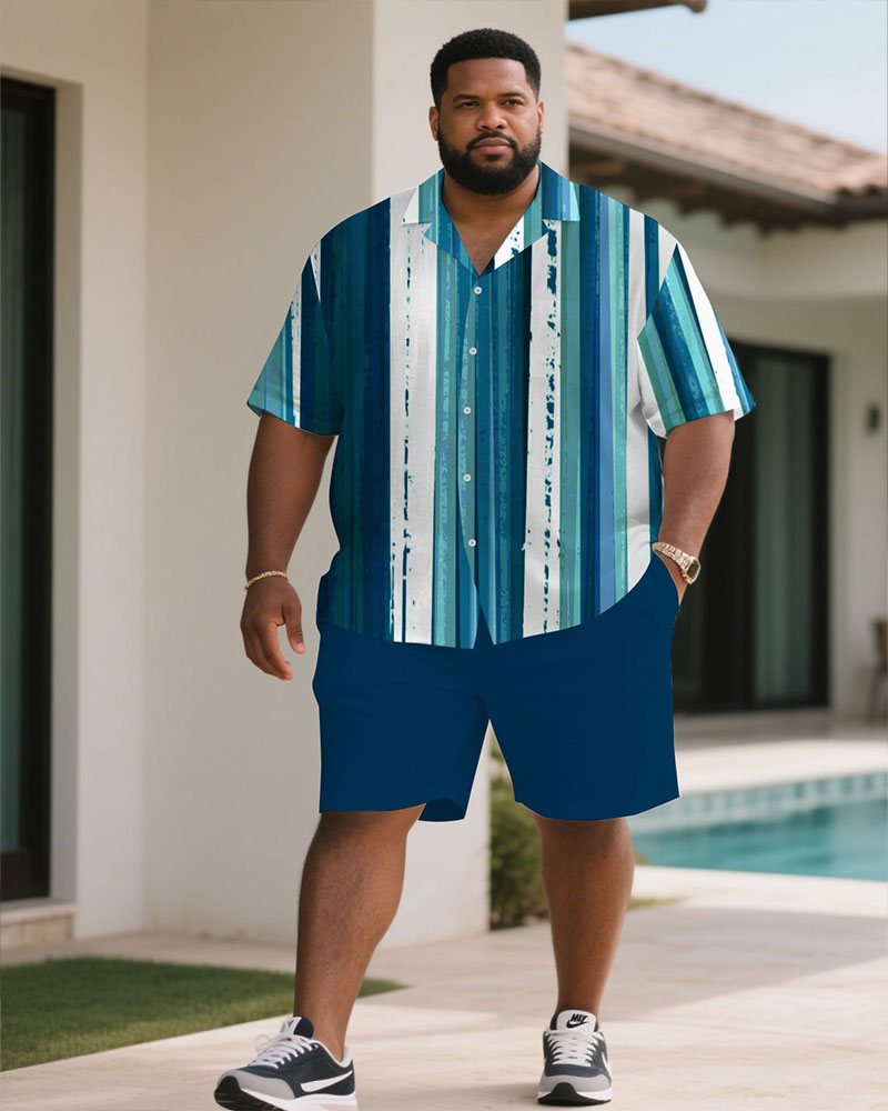 Big & Tall Blue Striped T-Shirt Shorts Set for big men view 1
