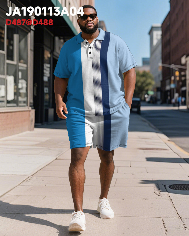 Big & Tall Blue Striped Graphic Polo Shorts Set for big men view 2