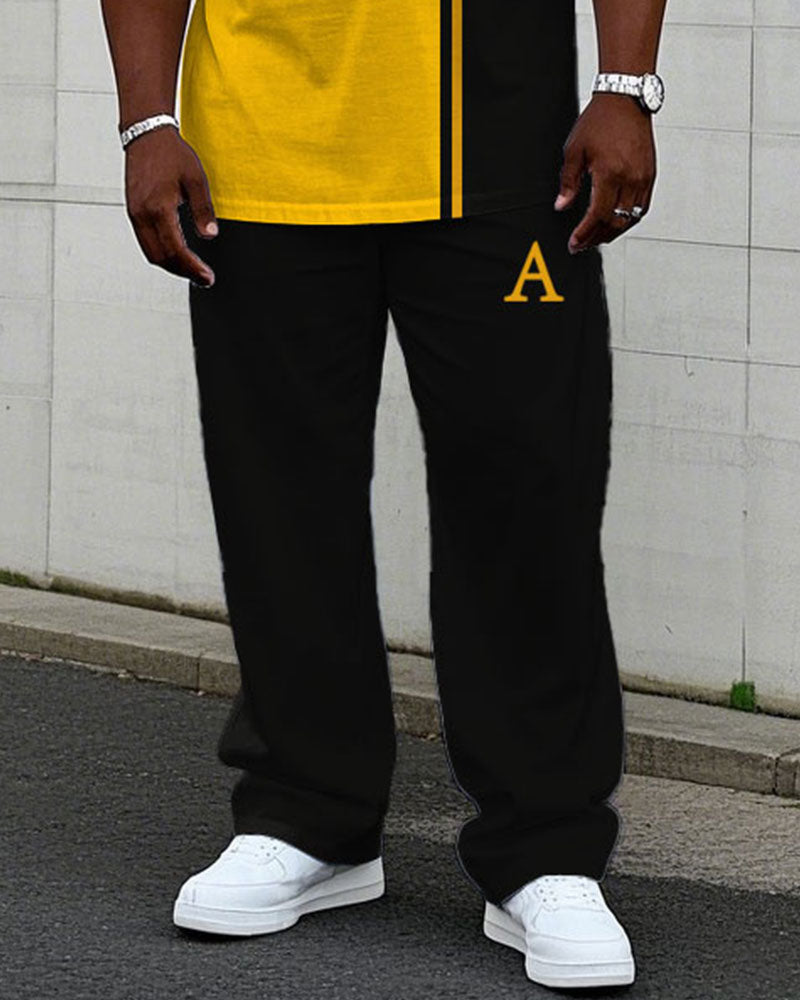 Big & Tall Black Yellow Colorblock T-Shirt Pants Set for big men view 3