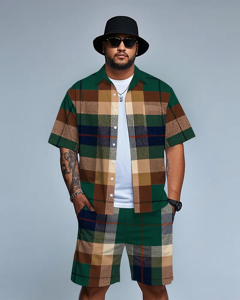 Big & Tall Brown Green Plaid T-Shirt Shorts Set for big men view 1