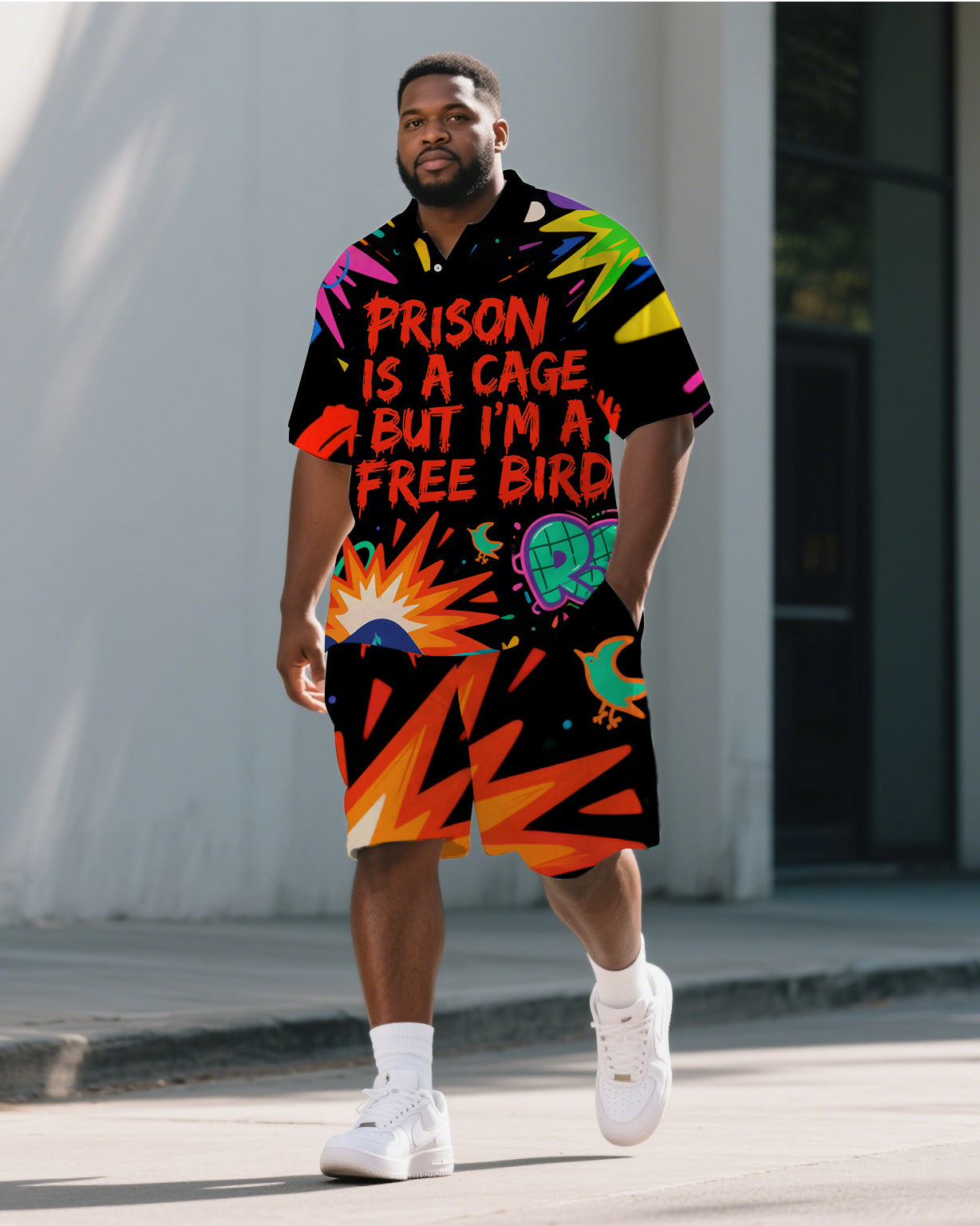 Big & Tall Graphic Graffiti Polo Shorts Set for big men view 1