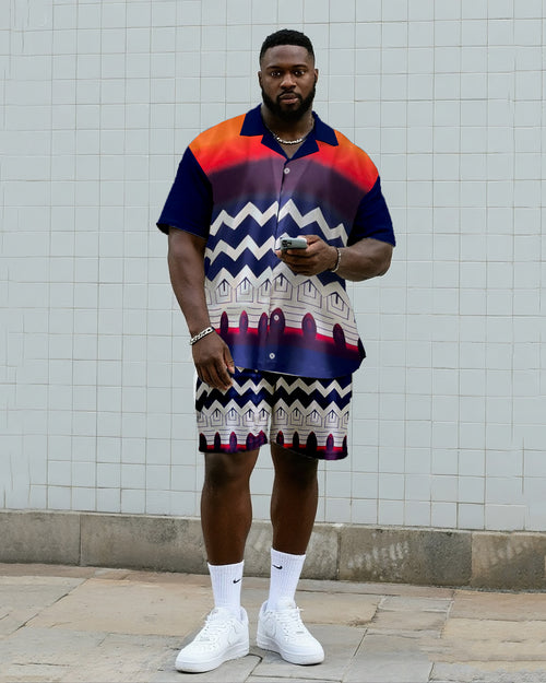 Big & Tall Striped Graphic Vintage T-Shirt Shorts Set for big men view 1