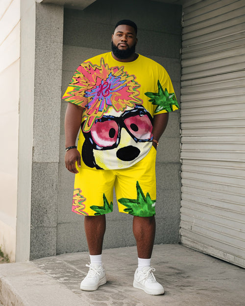 Big & Tall Yellow Graphic Graffiti T-Shirt Shorts Set for big men view 1