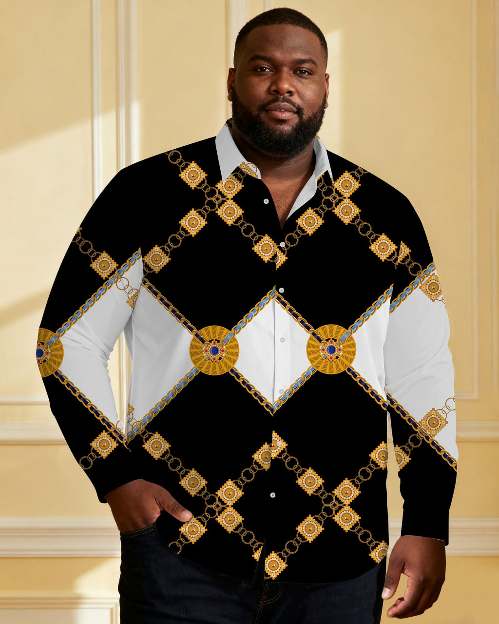 Big & Tall Black White Long Sleeve Shirt for big men view 1