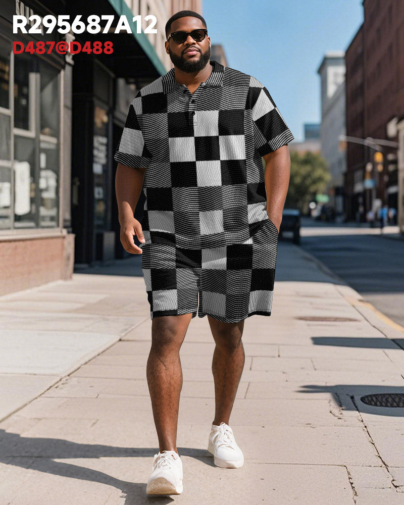 Big & Tall Black Graphic Polo Shorts Set for big men view 2