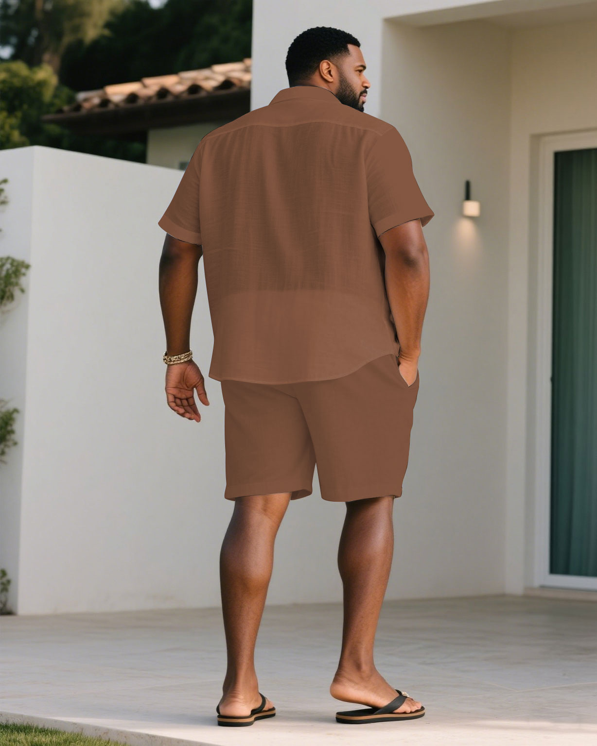 Big & Tall White Brown Colorblock T-Shirt Shorts Set for big men view 4